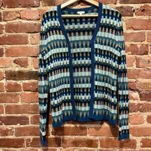 Talbots Patterned Bars Knit Cardigan Open Front Size Small